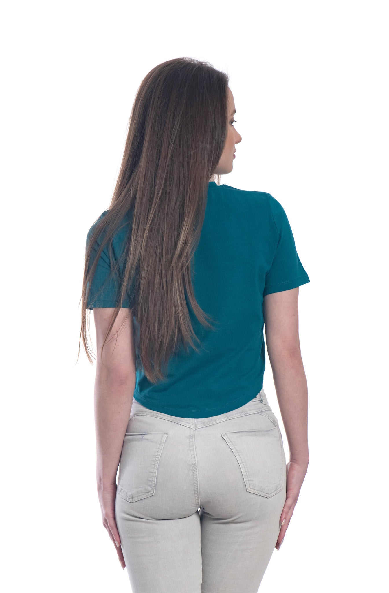 Дамска кроп топ тениска с къс ръкав обло деколте