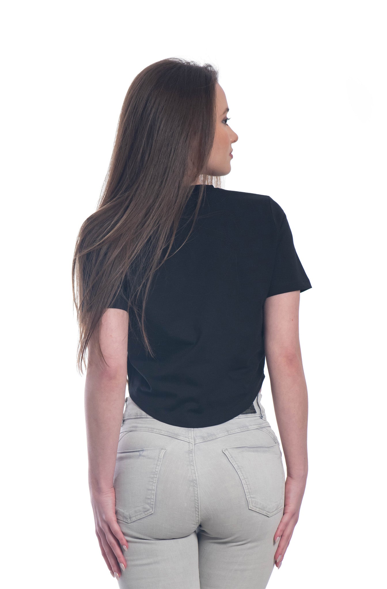 Дамска кроп топ тениска с къс ръкав обло деколте