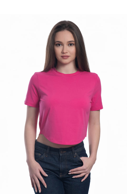 Дамска кроп топ тениска с къс ръкав обло деколте