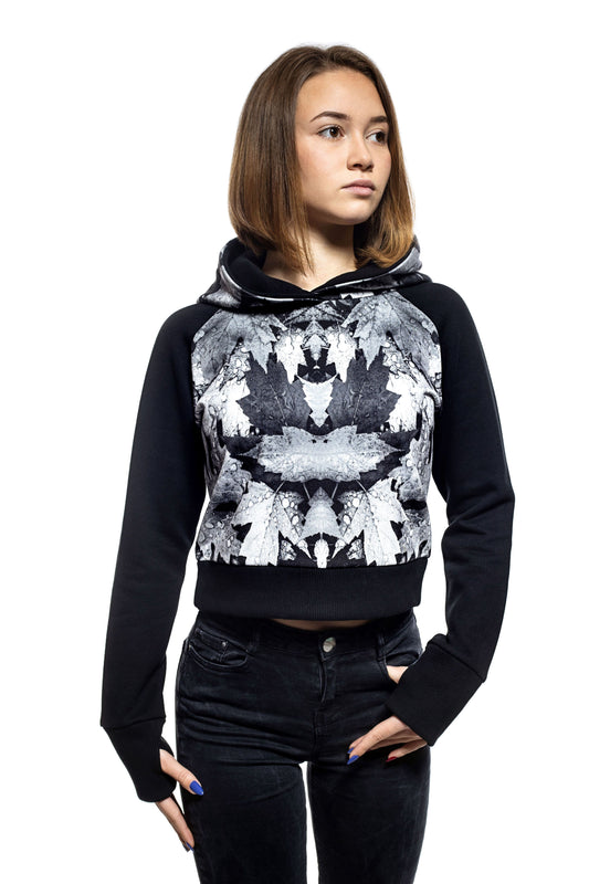 Дамски кроп суичър с качулка - худи с дълъг реглан-ръкав обло деколте