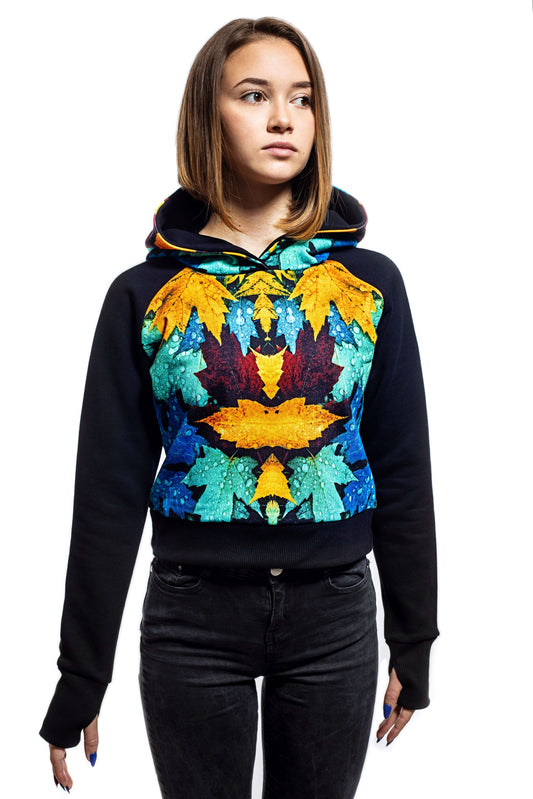 Дамски кроп суичър с качулка - худи с дълъг реглан-ръкав обло деколте