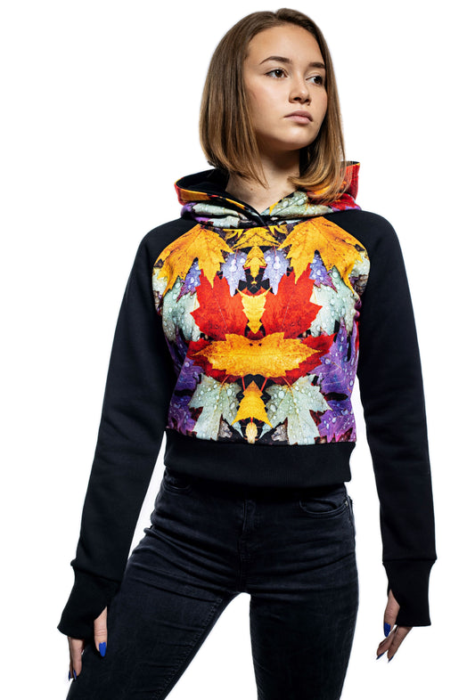 Дамски кроп суичър с качулка - худи с дълъг реглан-ръкав обло деколте