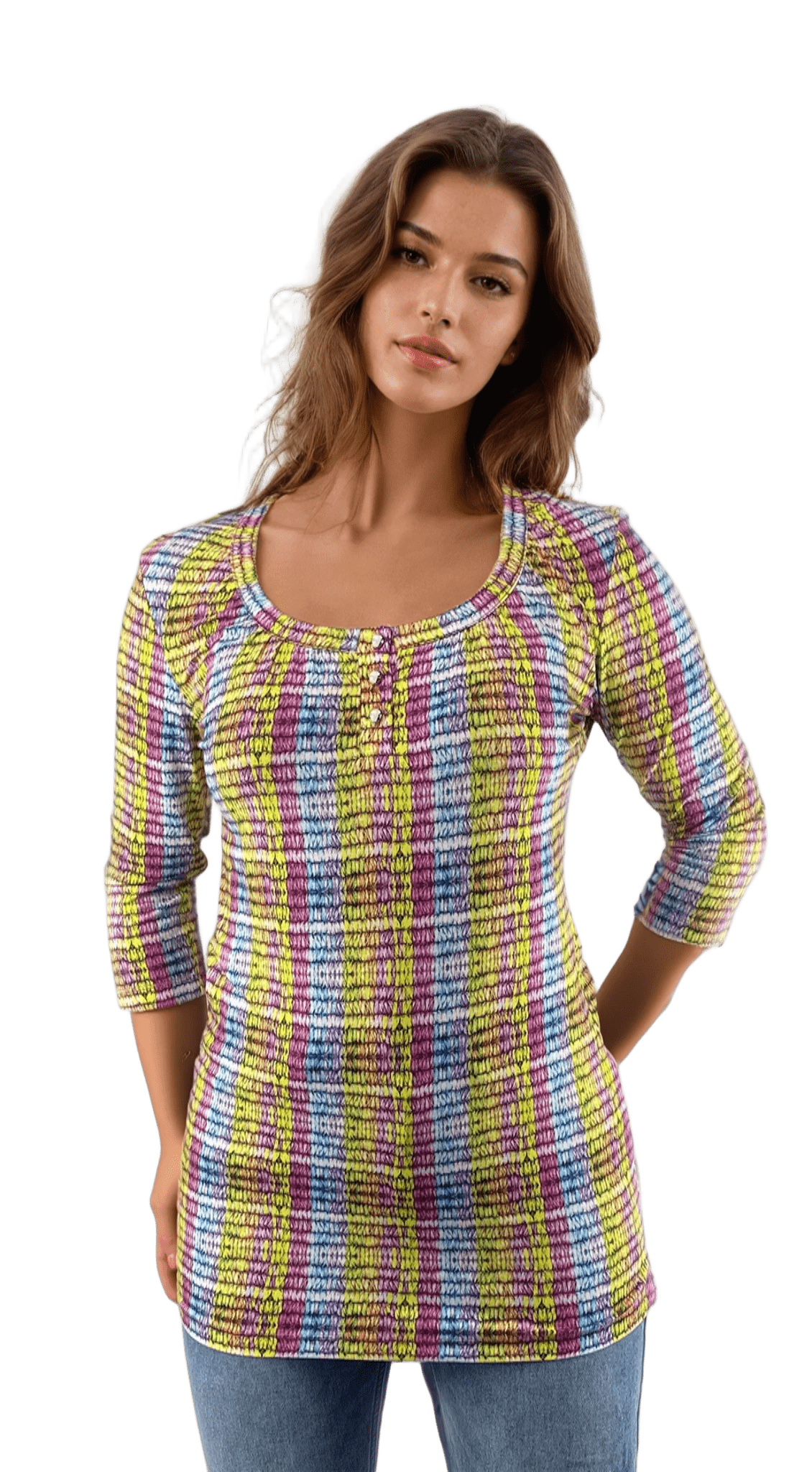 Дамска  туника - тениска с 3/4 ръкав обло деколте с копчета