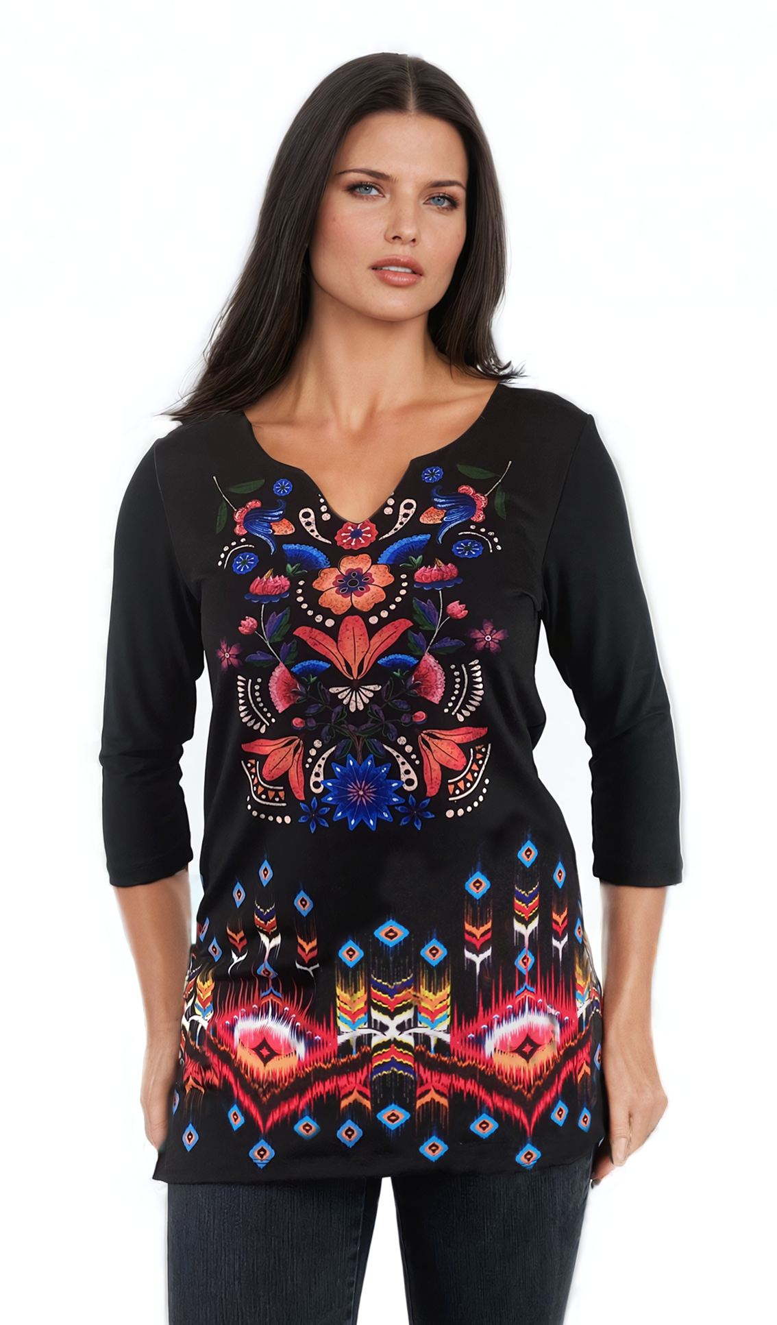 Дамска  туника - тениска с 3/4 ръкав остро деколте