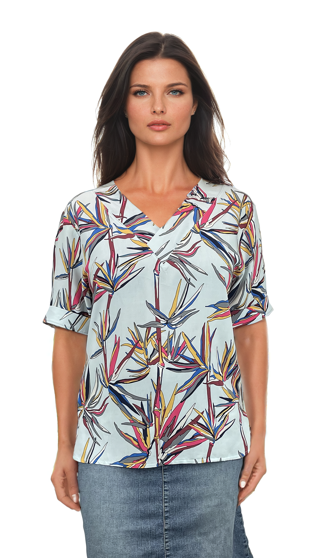 Дамска блуза къс ръкав остро деколте