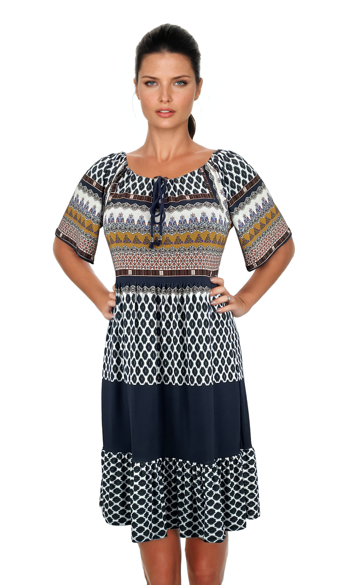 Дамска  рокля с къс ръкав обло деколте