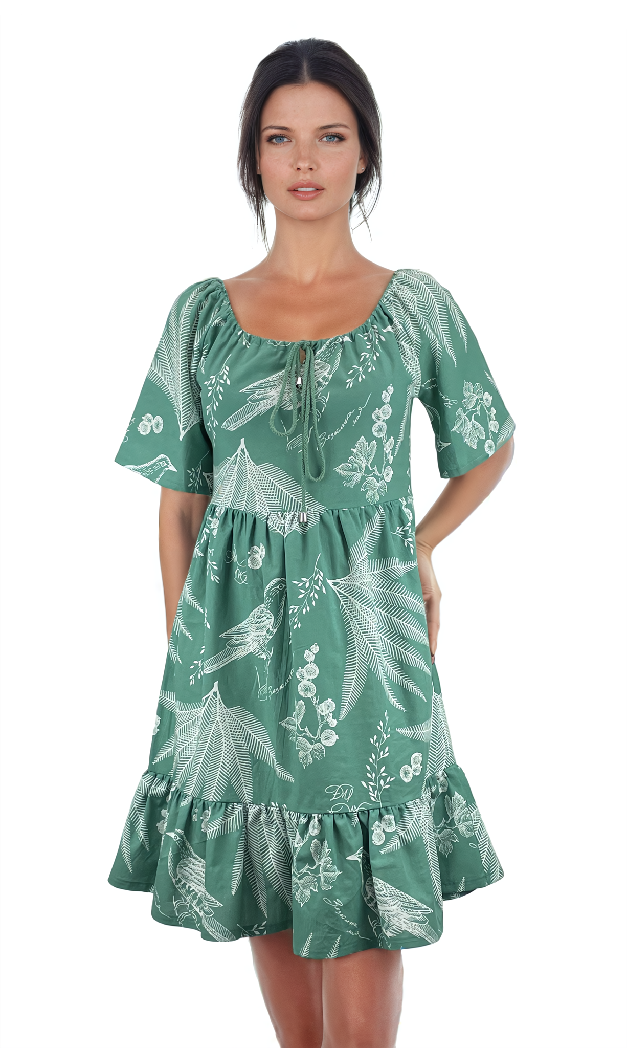 Дамска  рокля с къс ръкав обло деколте