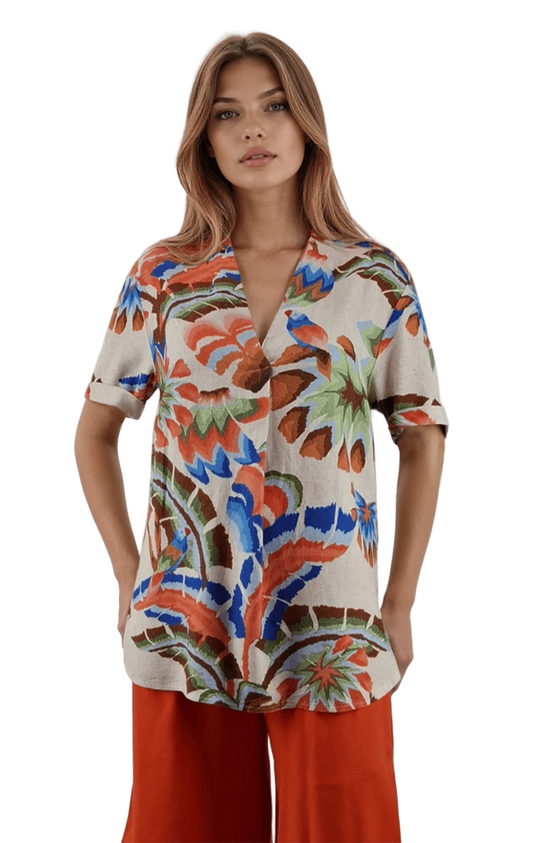 Дамска ленена риза-туника с къс ръкав остро деколте