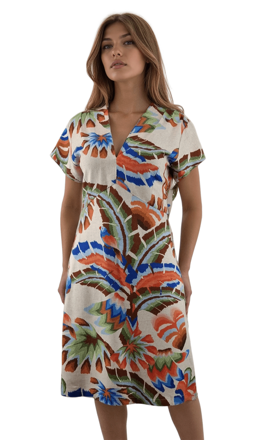 Дамска ленена рокля с къс ръкав остро деколте