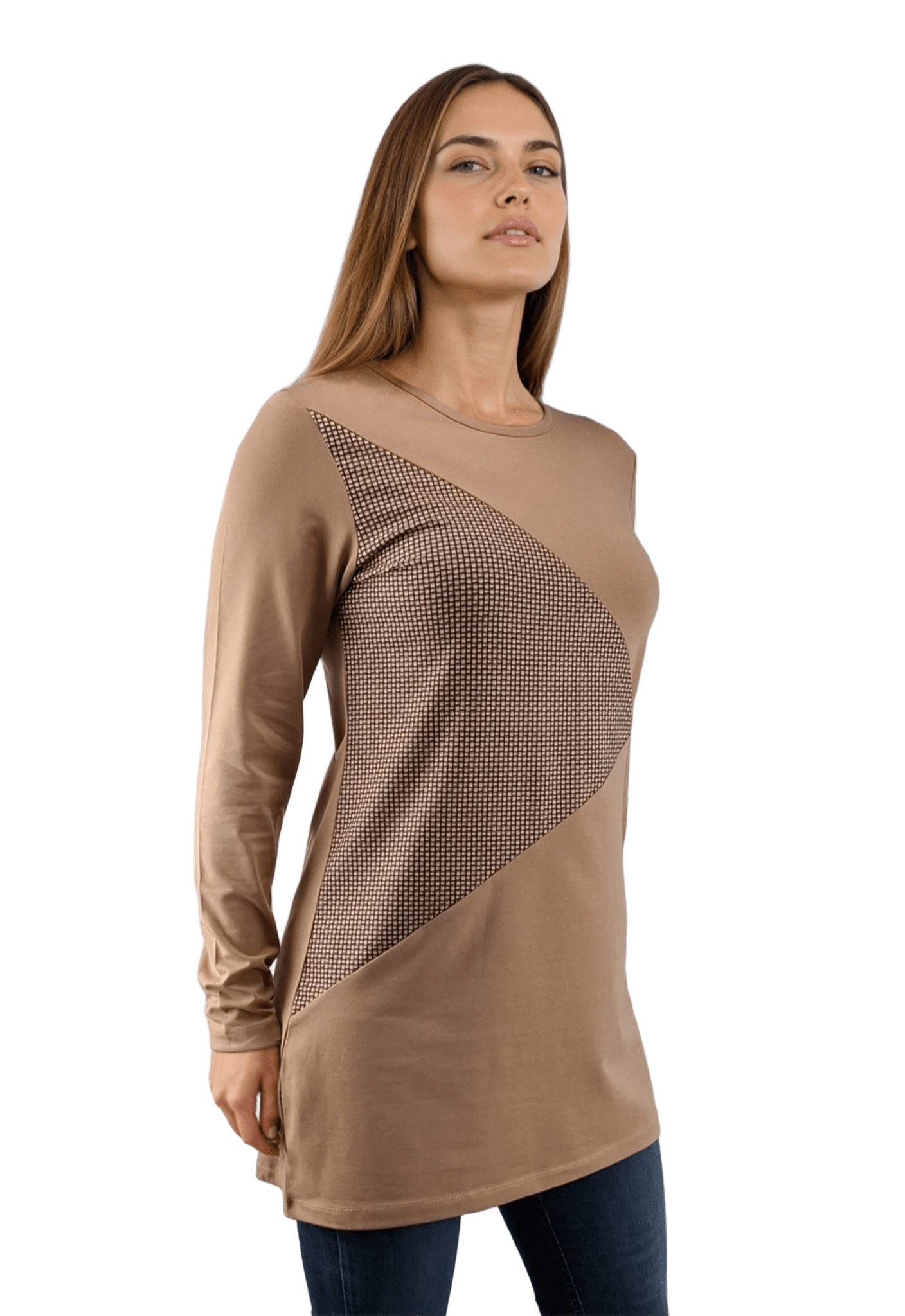 Дамска блуза-туника асиметрична с дълъг ръкав обло деколте