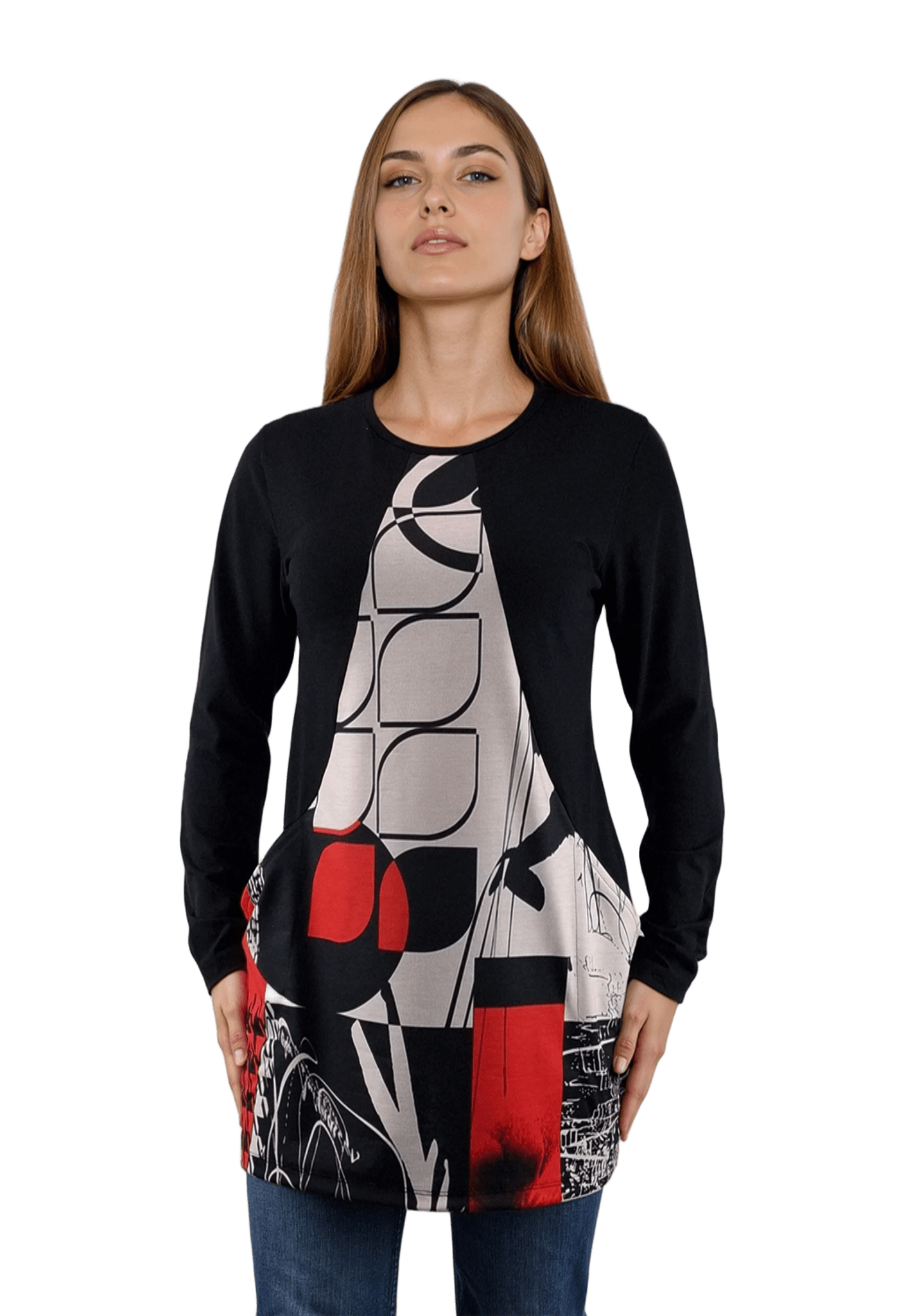 Дамска блуза-туника асиметрична с дълъг ръкав обло деколте