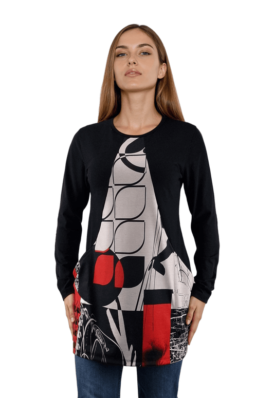 Дамска блуза-туника асиметрична с дълъг ръкав обло деколте