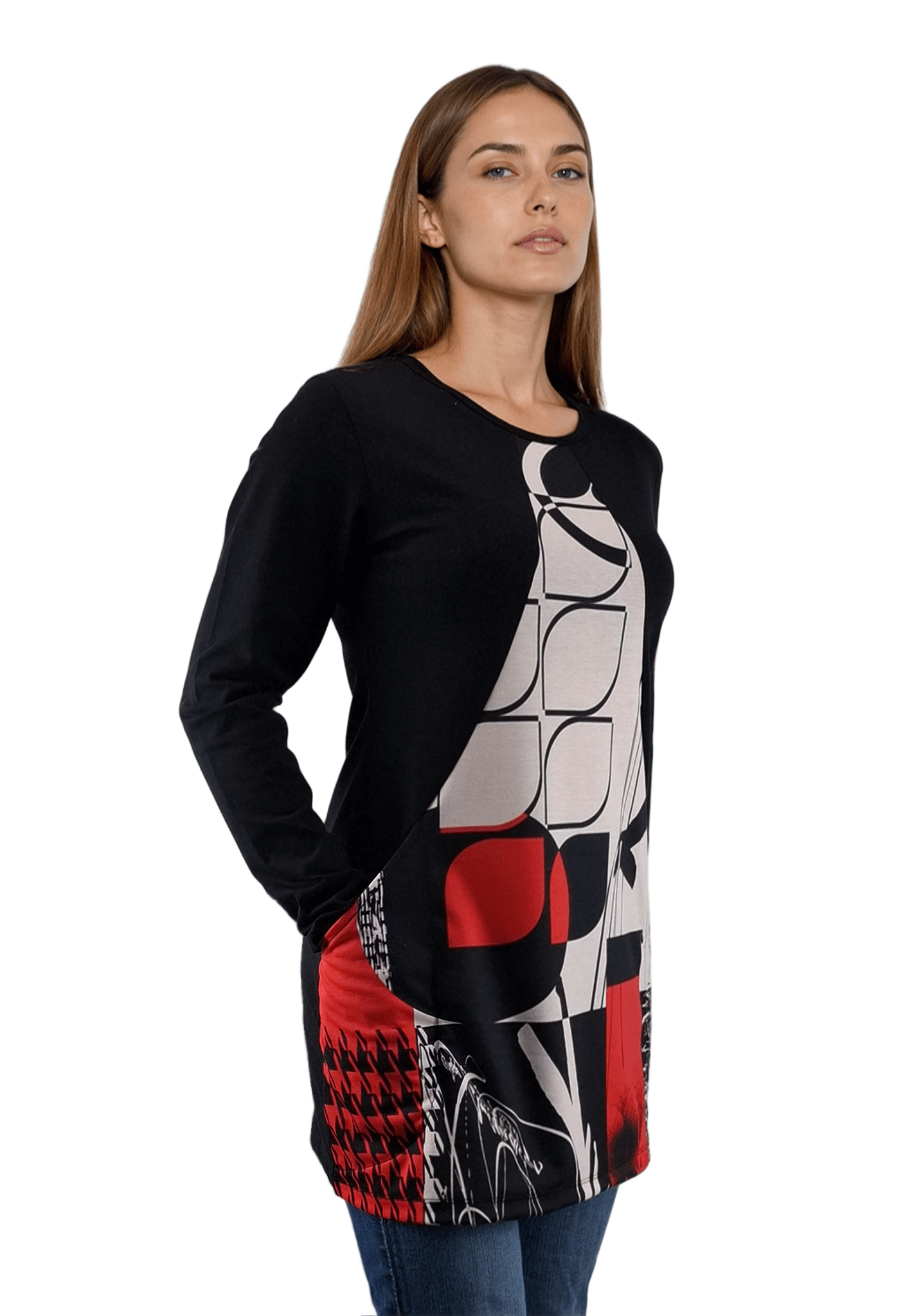 Дамска блуза-туника асиметрична с дълъг ръкав обло деколте