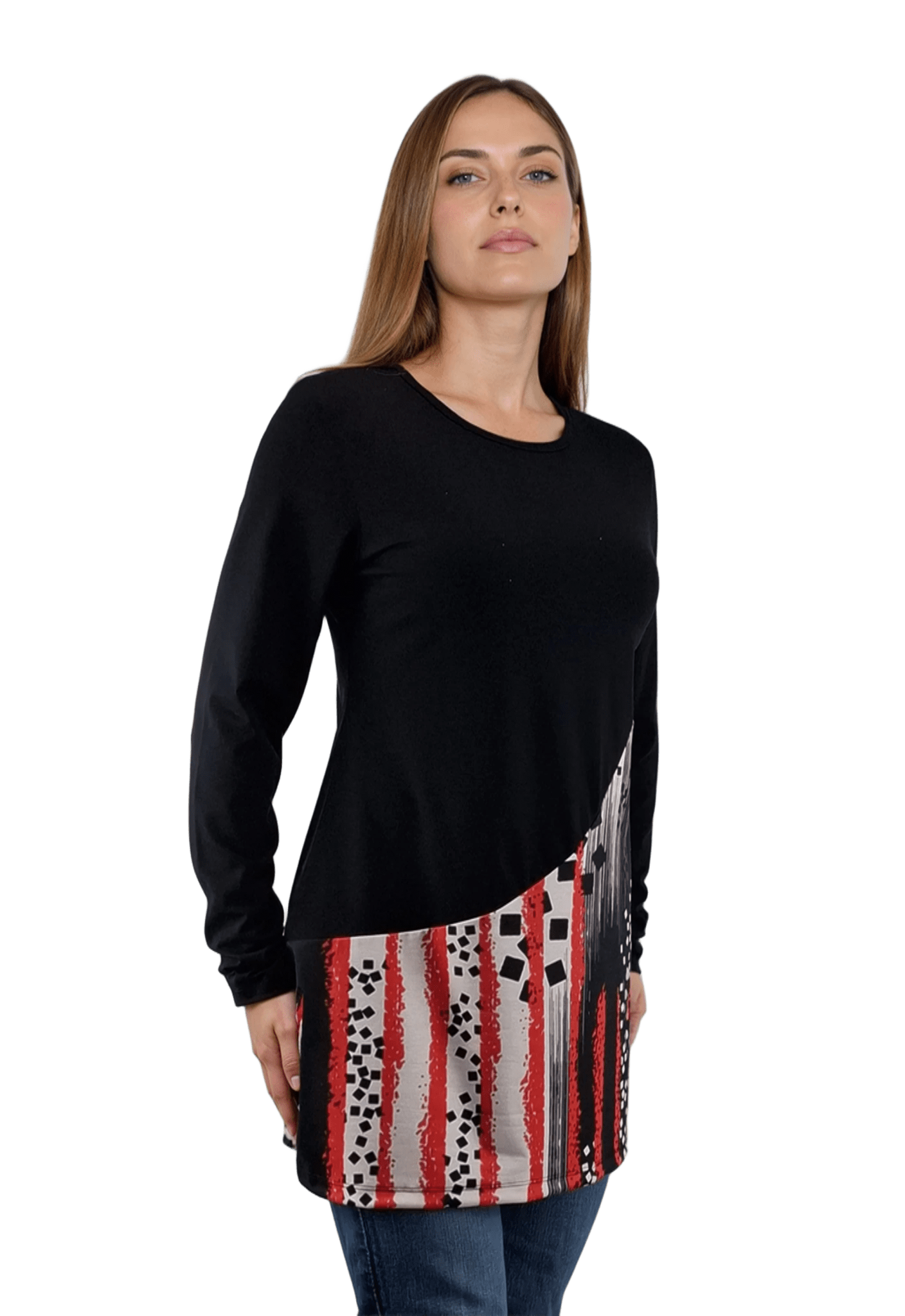 Дамска блуза-туника асиметрична с дълъг ръкав обло деколте