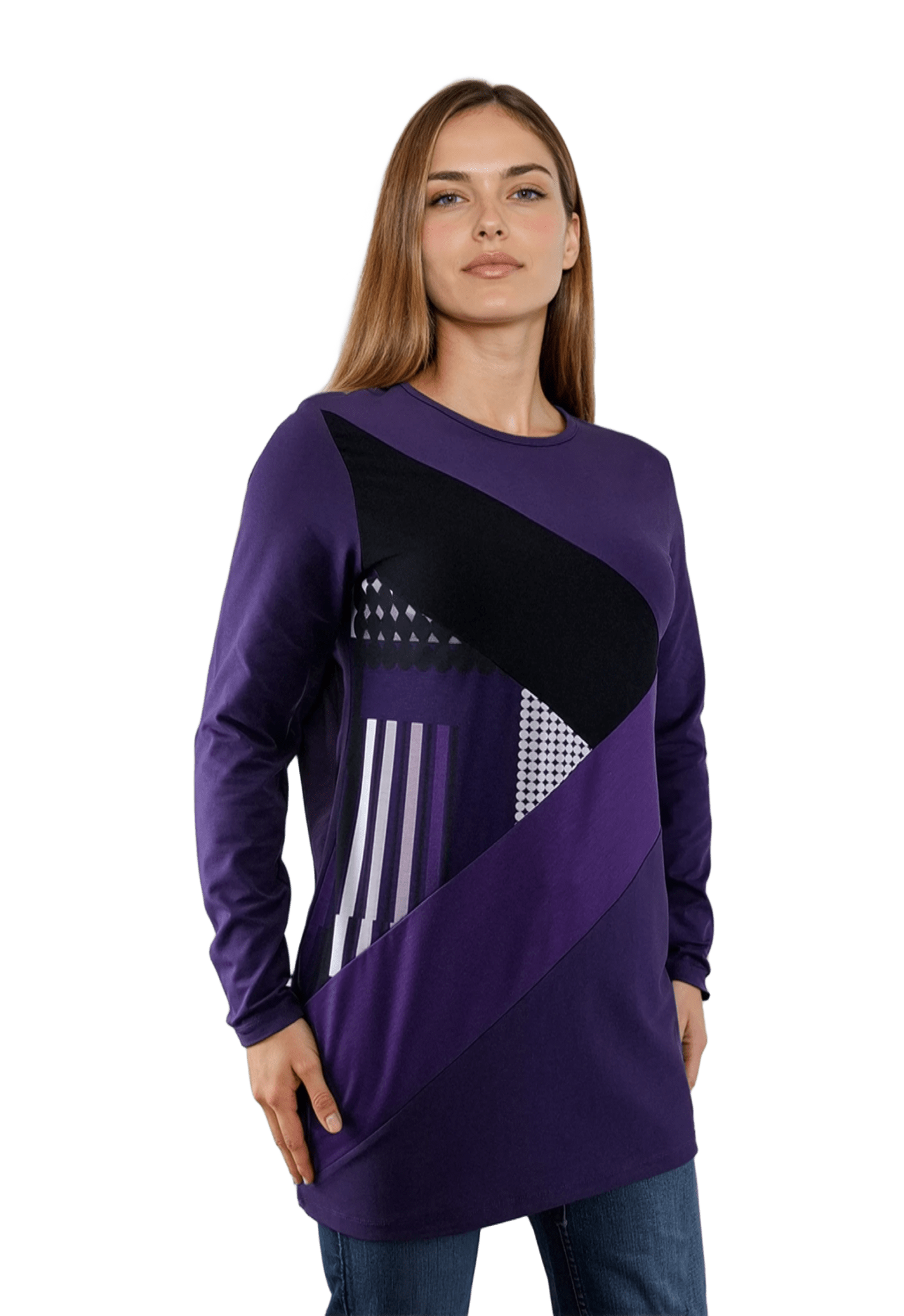 Дамска блуза-туника асиметрична с дълъг ръкав обло деколте