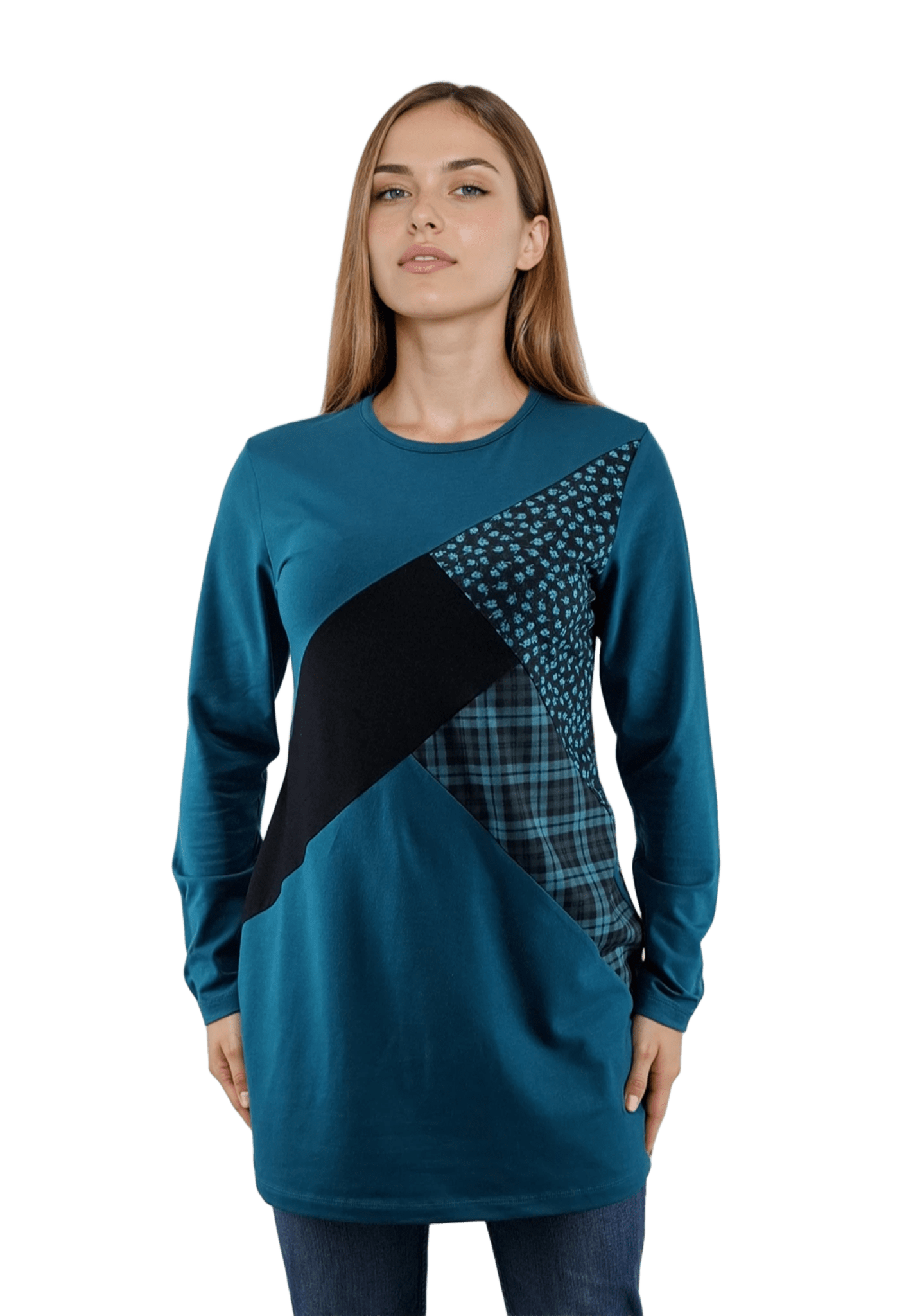 Дамска блуза-туника асиметрична с дълъг ръкав обло деколте