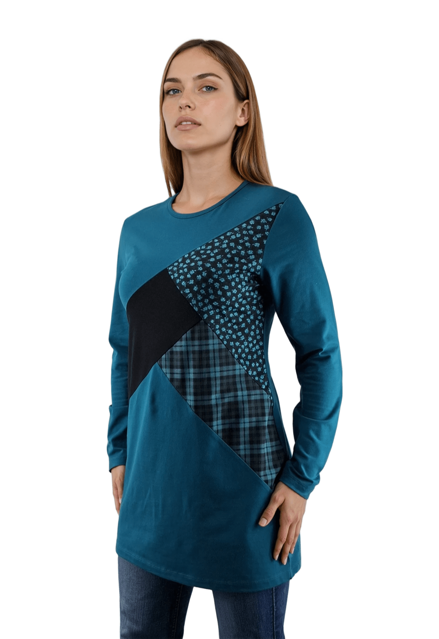 Дамска блуза-туника асиметрична с дълъг ръкав обло деколте