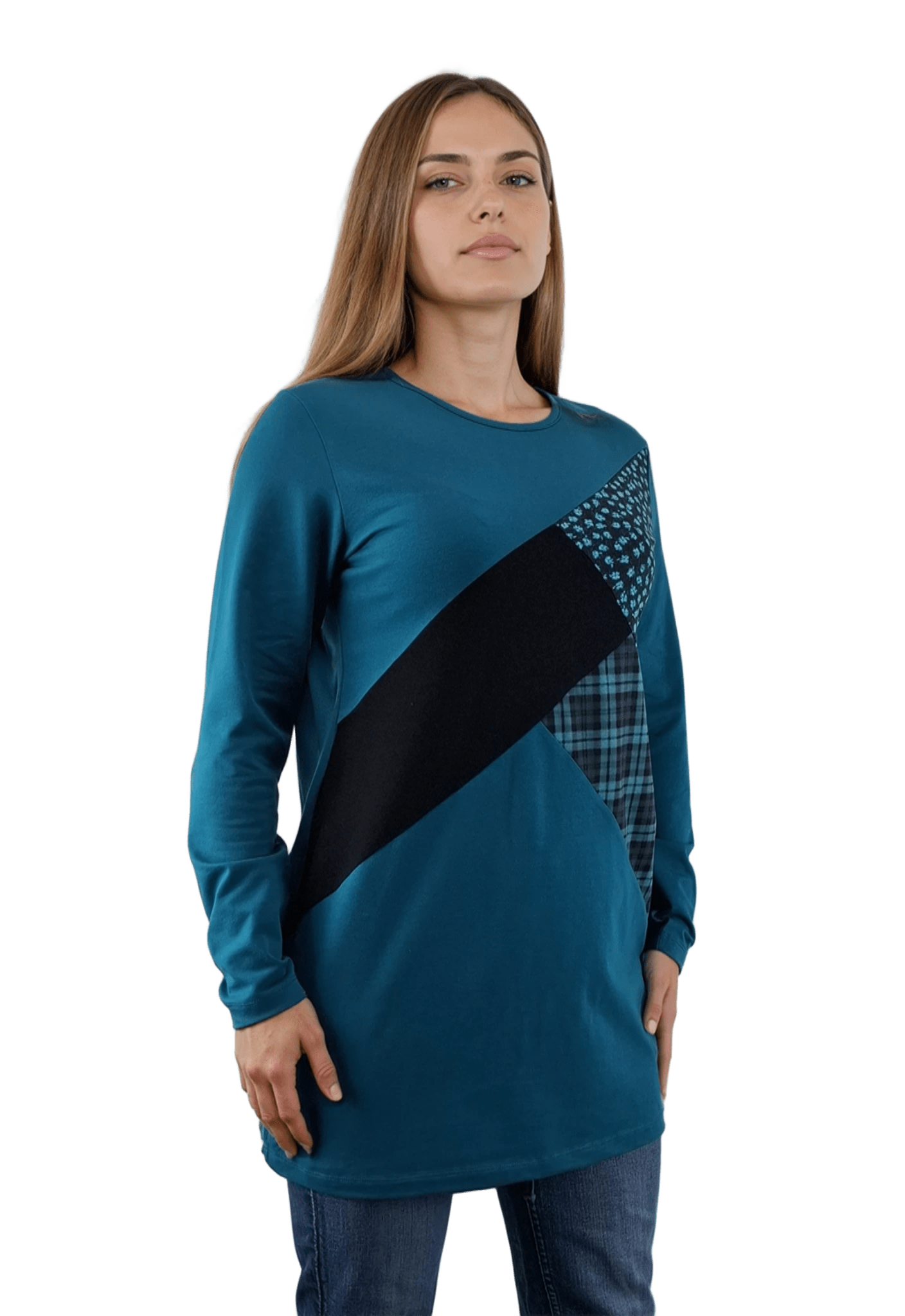 Дамска блуза-туника асиметрична с дълъг ръкав обло деколте